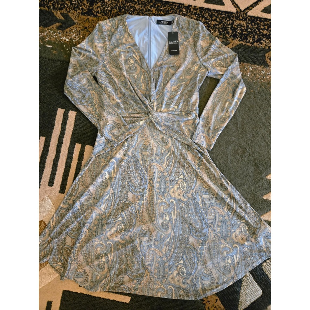 Lauren Ralph Lauren Paisley Twist Front Midi Dress Blue Tan Long Sleeve NEW